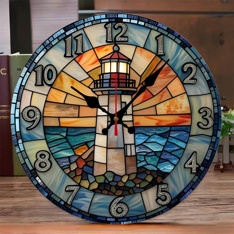 Color Glass Lighthouse Wooden Round Silent Hanging Wall Clock,Suitable For Living Room,Office,Study Room,Bedroom,Home Decoration