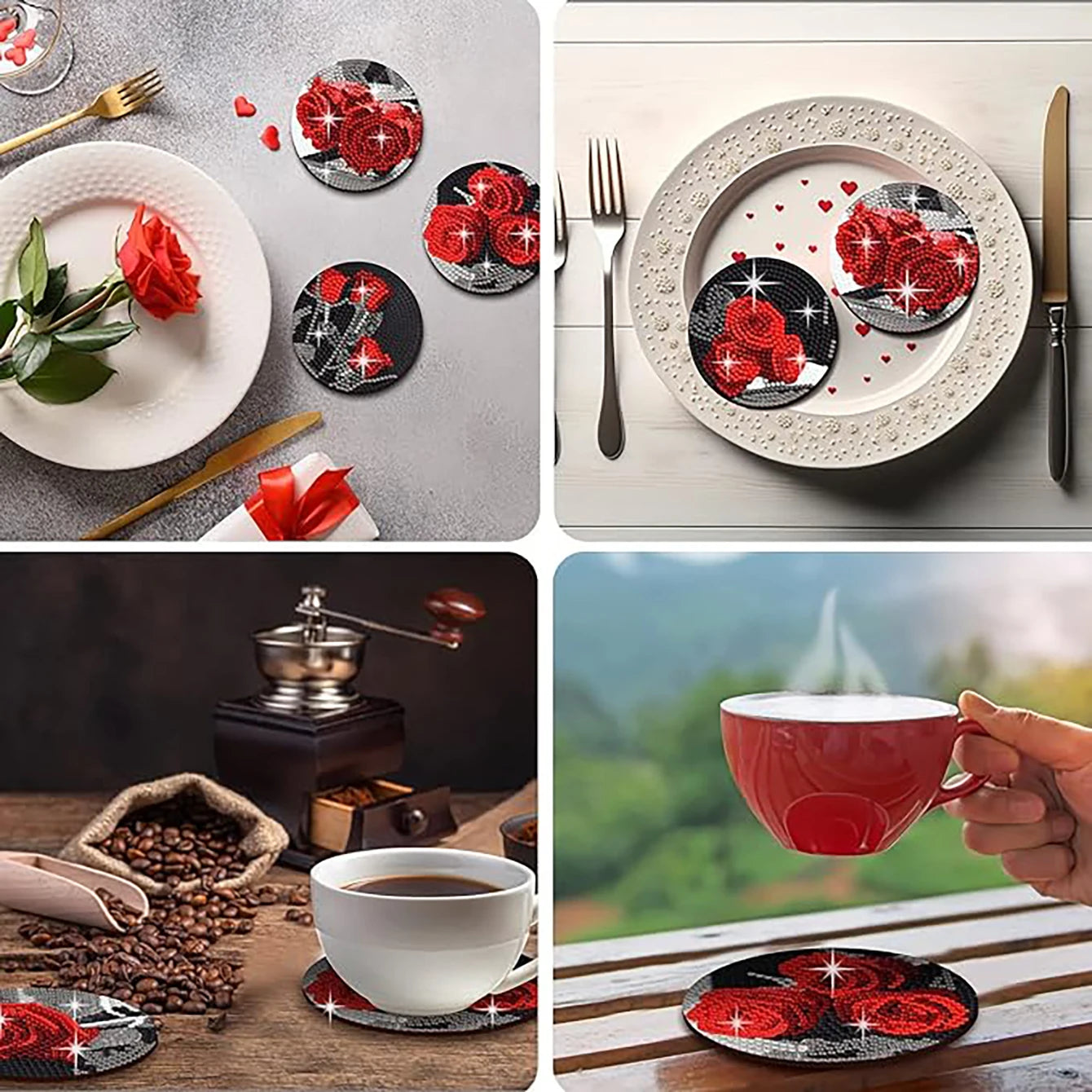 8 Pieces/Set Rose and Diamond Painting Coaster Set, DIY Coaster with Holder, Beginner and Adult Diamond Craft Gift
