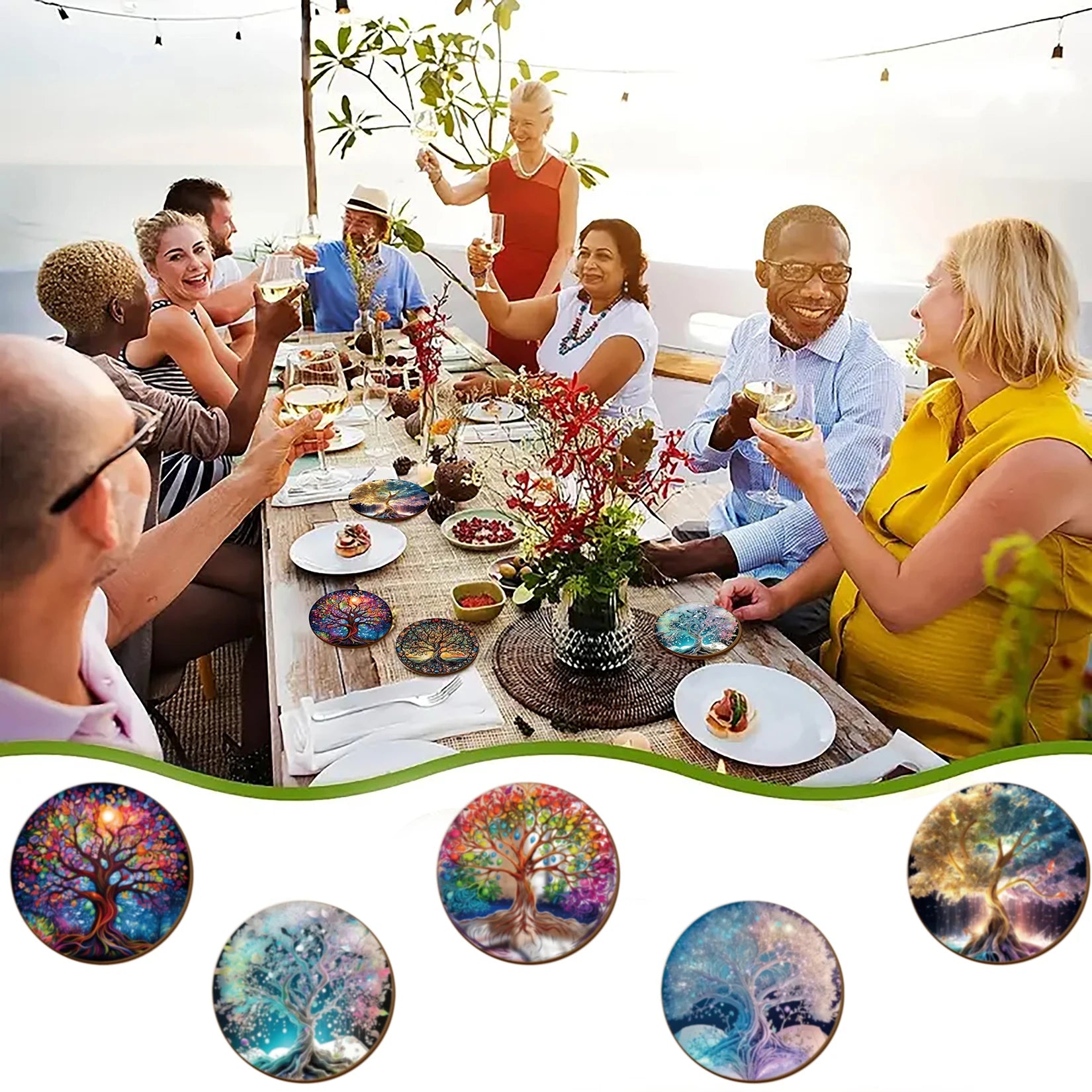 6 Sets of Artistic Painted Wooden Anti-Slip Coasters with Iridescent Tree Patterns, Suitable for Kitchen Decoration