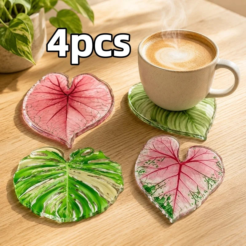 4-Piece Set of Acrylic Tropical Plant Leaf Coasters, New Style Coasters, Heat-Insulating Coaster Set, Protects Tabletops from Hot Drinks, Cups, and Plates - Eco-Friendly, Suitable for Offices, Restaurants, Cafes, Hallo