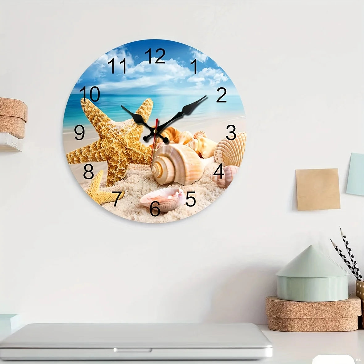 Round Wall Clock/Beach And Shell Theme/Silent Operation Without Ticking/Perfect for Home Decoration During Holidays And As a Gift