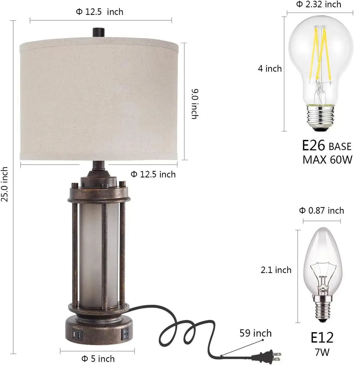 Set of 2 Farmhouse Lamps with USB Charging Ports for Living Room, Rustic Nightstand Table Lamp with Built-In Night Light, 4