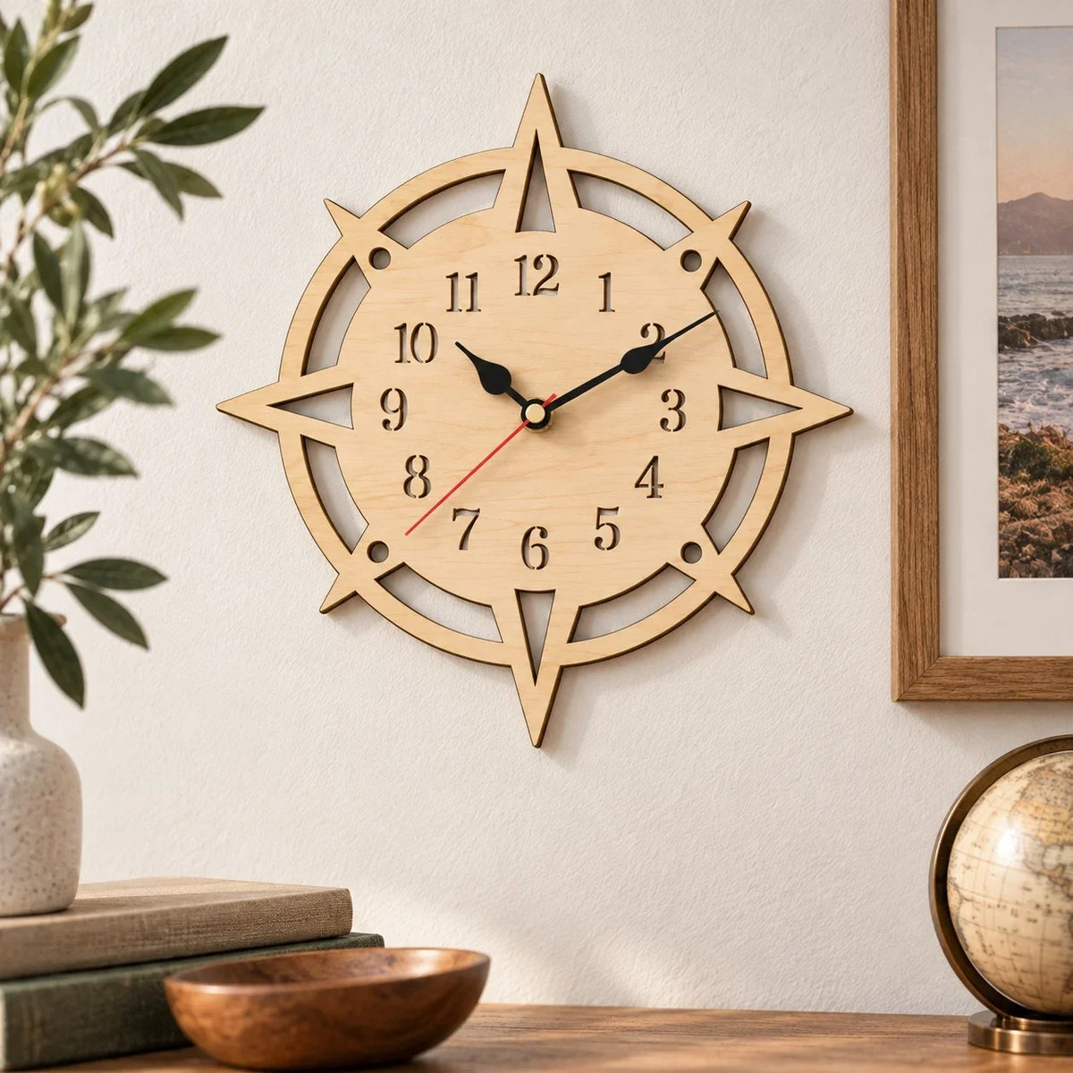 Wooden Compass Wall Clock, Nautical Coastal Home Decor, Laser Cut Wood Clock, Rustic Beach House Clock, Unique Housewarming Gift