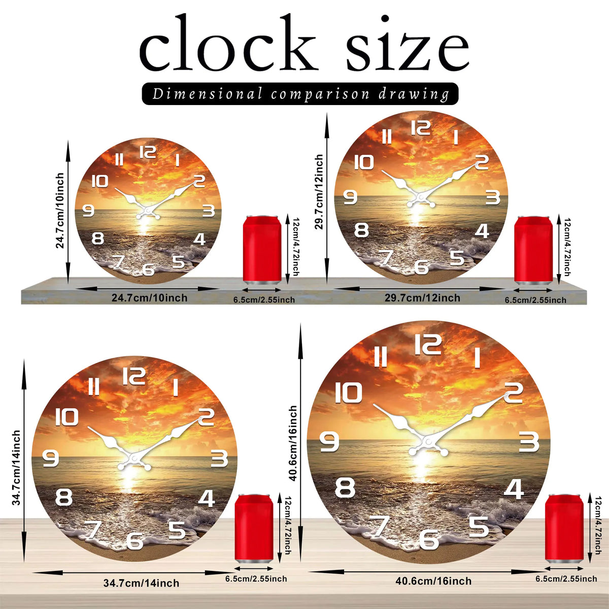 1pc Beach decorative wall clock, Sea, beach, neon, sunset design wall clock, wooden silent clock, Living Room bedroom, Room deco