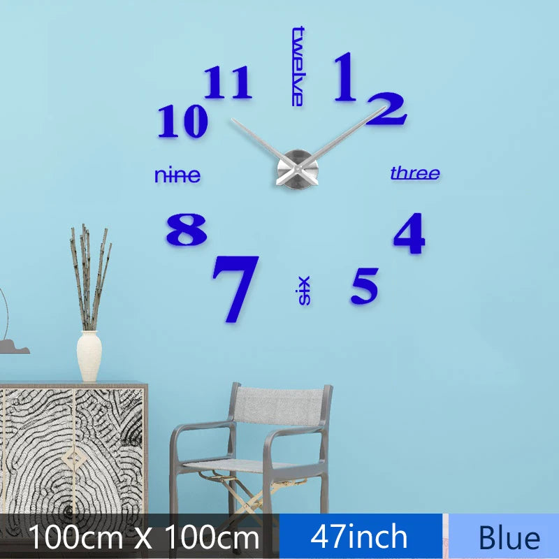 Fashion 3D Mediterranean Style Big Size Blue Wall Clock Mirror Sticker DIY Brief Living Room Decor Meeting Room Wall Clock