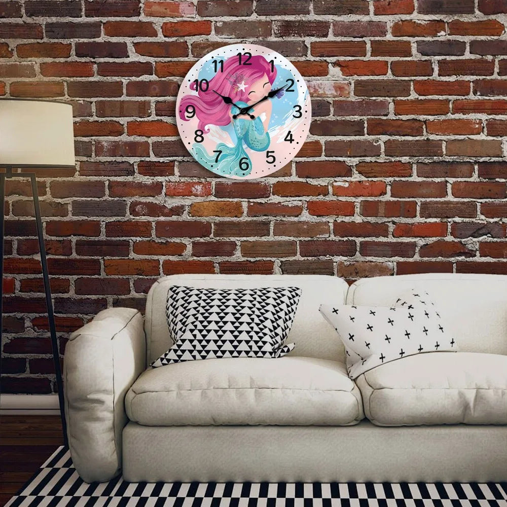A Cute Mermaid Wooden Wall Clock, Sea, Beach Theme Battery Powered Silent Quartz Clock, Living Room, Kitchen, Bedroom, Bathroom,