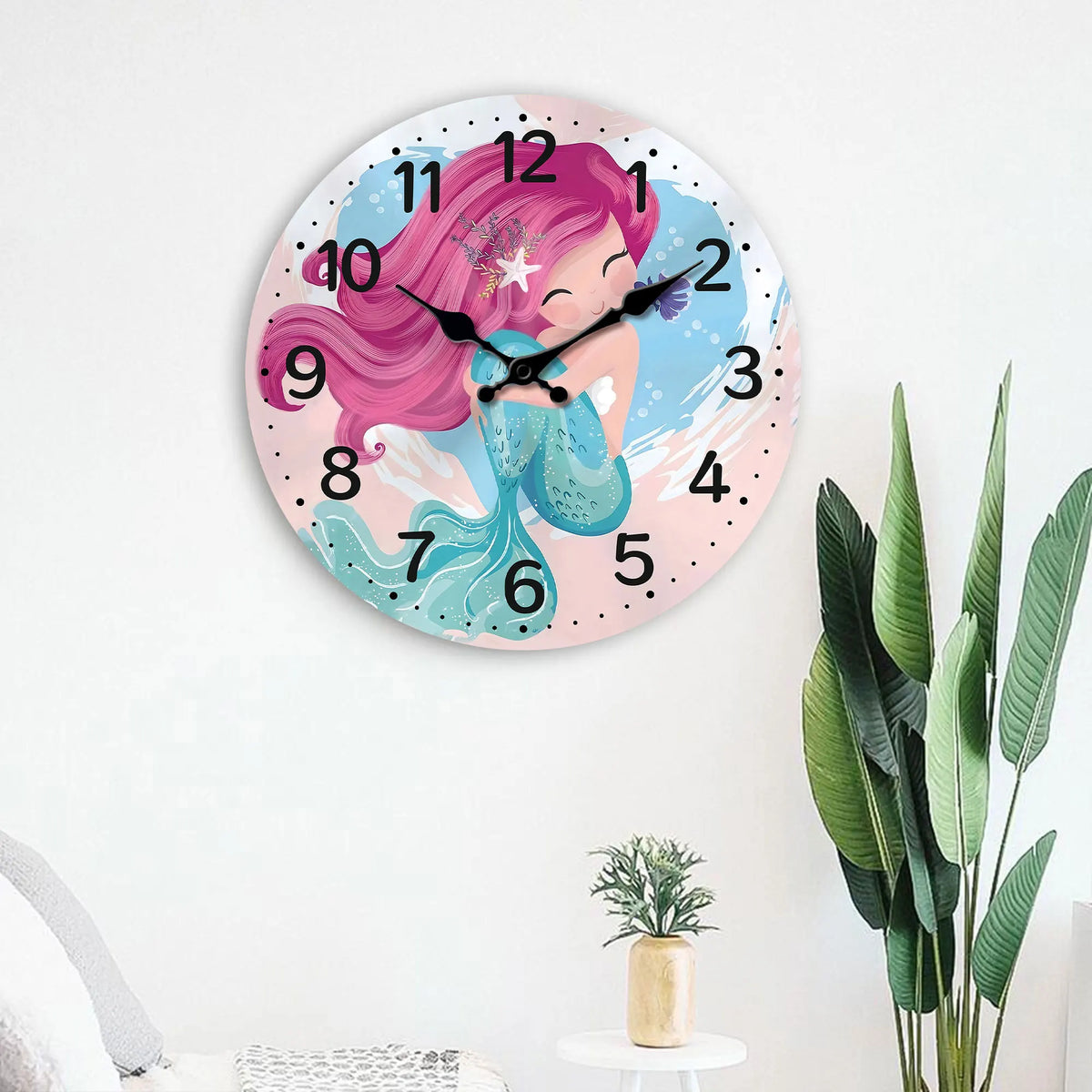 A cute mermaid wooden wall clock, sea, beach theme battery powered silent quartz clock, living room, kitchen, bedroom, bathroom