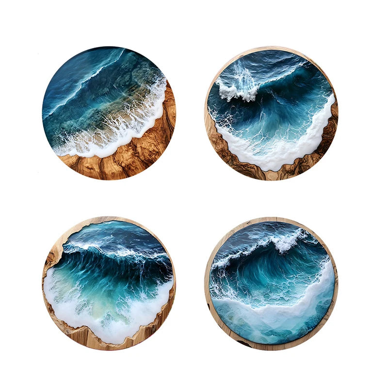 ♥Ocean Wave & Wood Grain Coasters Set  Heat-Resistant Drink Coasters for Coffee/Tea Mugs, Beach Theme Home Decor