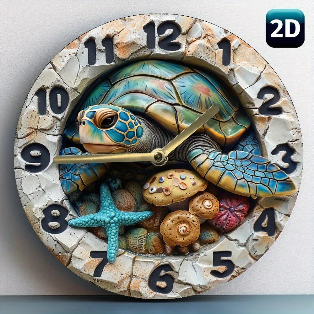 Wooden Wall Clock with a Sea Turtle and Seashells Pattern, Ideal for Coastal or Nautical Themed Rooms, Uses AA Batteries