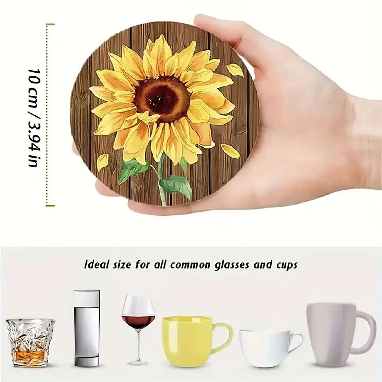 6Pcs Rustic Wood Sunflower Coaster Set, Heat-Resistant Non-slip Coasters for Table