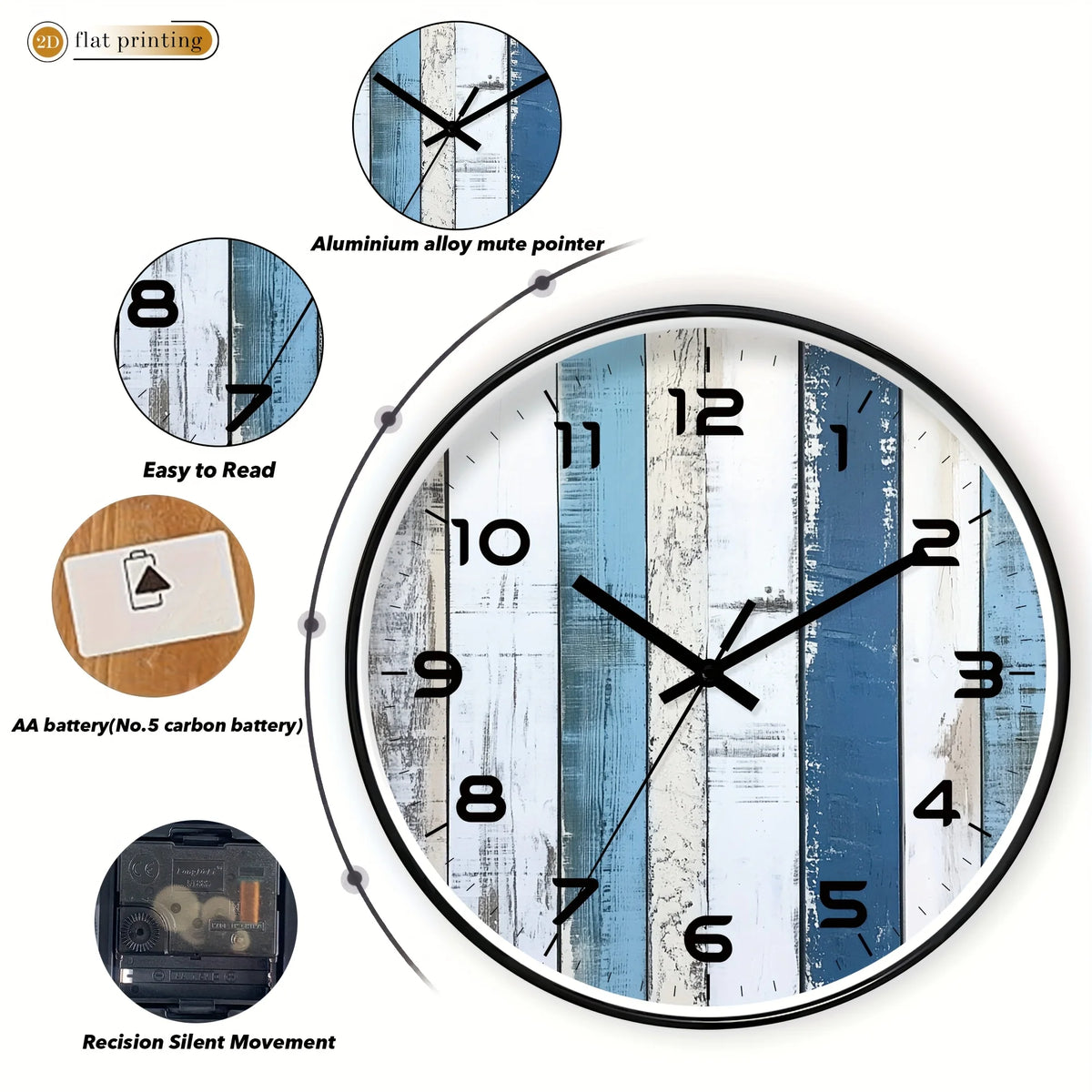 1pc Wall Clock / 2D Flat Printed Clock,  Blue and White Wood Grain Pattern Design / Suitable for Living Room, Bedroom, Seaside Style Decoration, Beach Style Home Decor / Ideal Birthday, Holiday, Summer Gift (AA Batteries Not