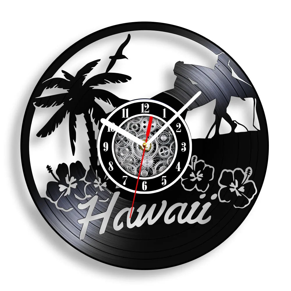 Water Sport Surfing Vinyl Record Wall Clock Sea Wave Coastal Landscape Wall Art Handicraft Carved Music Album Clock Surfer Gifts