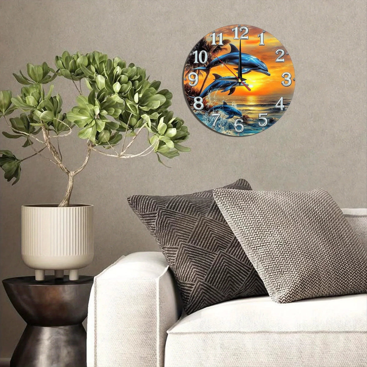 Wooden Wall Clock with a Dolphin - Sunset Pattern, Perfect for Home Decor. Runs on AA Batteries