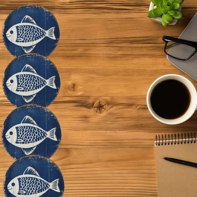 4pcs 2D Flat Sea Fish Shaped Wooden Coasters Retro Coffee Shop Furniture Decor Cup Mats Desktop Protection Pads Ideal Home Gifts