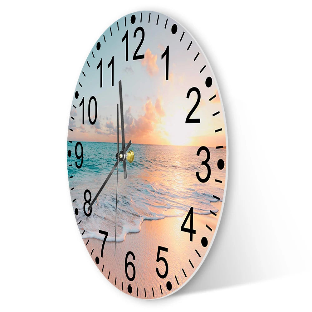 Beach Sunset Ocean Waves Printed Wall Clock For Living Room Tropical Sea Nature Scenery Home Decor Watch Silent Quartz Clock