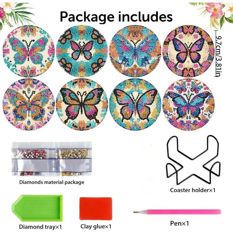 8 Pieces/Set Butterfly Pattern Diamond Painted Coaster Set Sparkling Rhinestone Heat-Resistant Beverage Mat with Holder DIY Coas