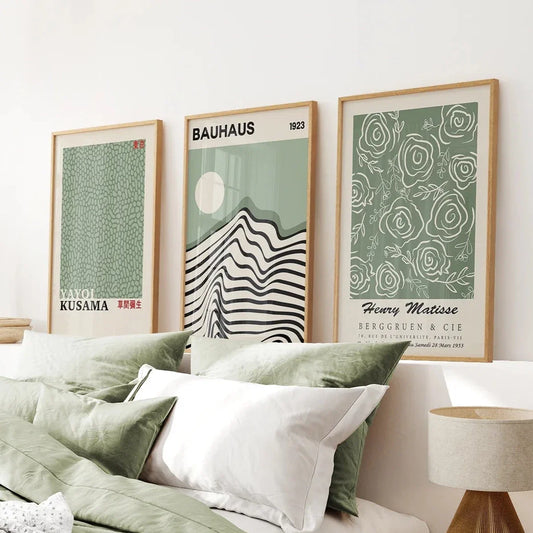 Sage Green Exhibition Art Set of 3 Prints. Bauhaus, Kusama, Matisse