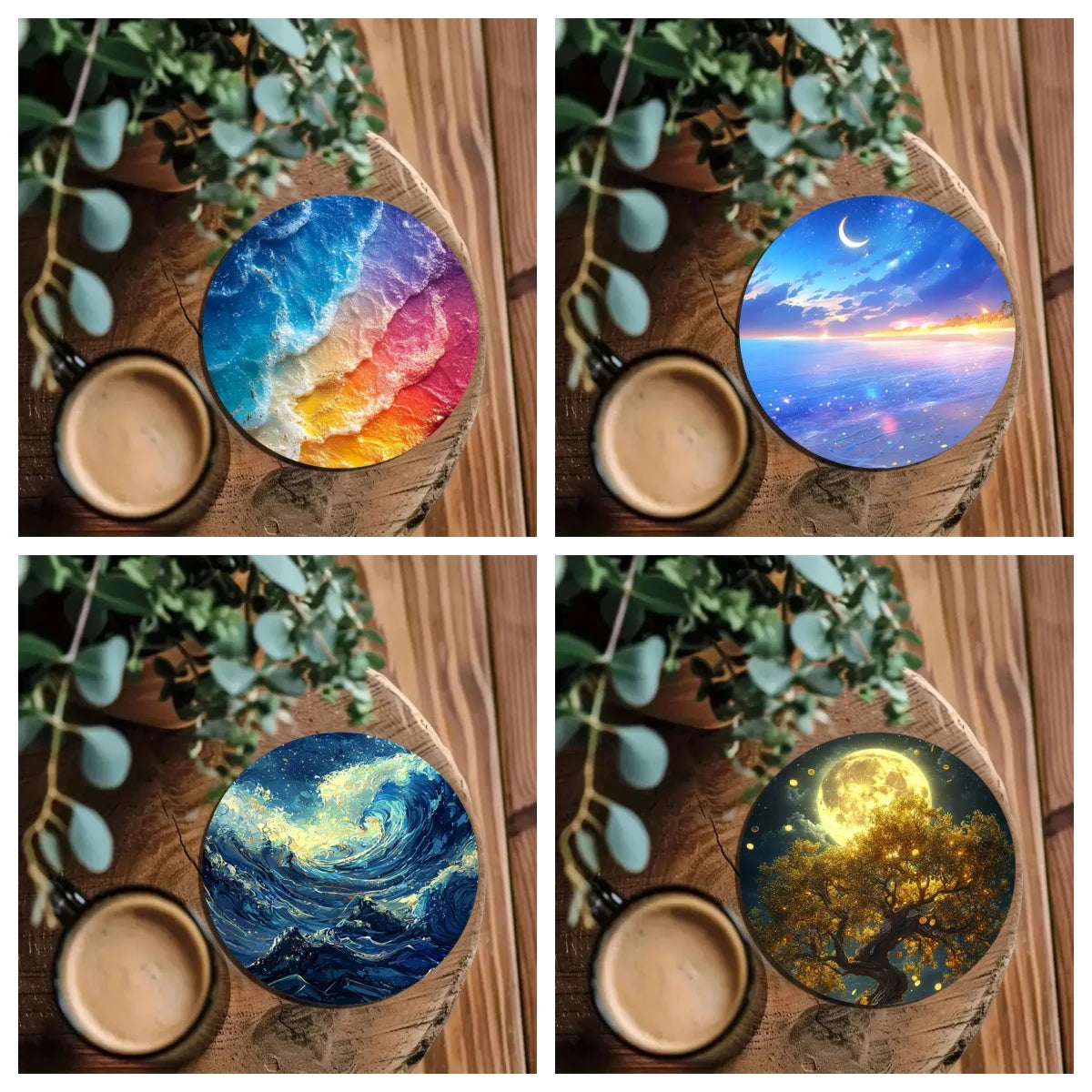4-piece set of dreamy beach pattern art coasters, anti-slip wooden coasters, suitable for living rooms, offices and bars
