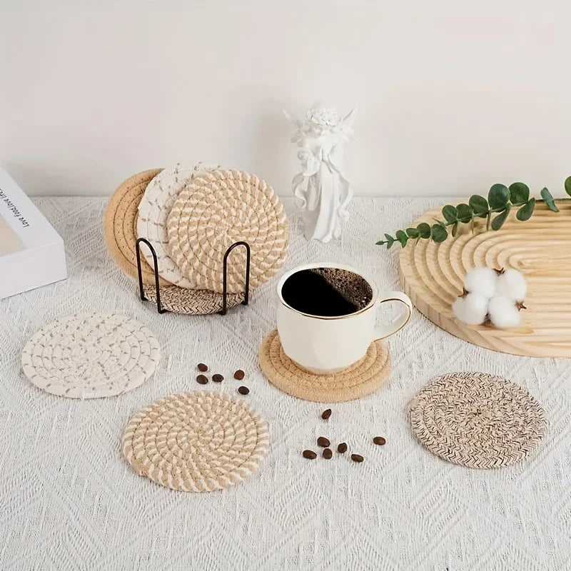 4/8 PCS Set Absorbent Coasters for Drinks, Minimalist Cotton Woven Coasters Coffee Table Decor Boho Cute Cup Coasters