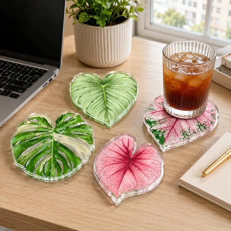 4-Piece Set of Acrylic Tropical Plant Leaf Coasters, New Style Coasters, Heat-Insulating Coaster Set, Protects Tabletops from Hot Drinks, Cups, and Plates - Eco-Friendly, Suitable for Offices, Restaurants, Cafes, Hallo