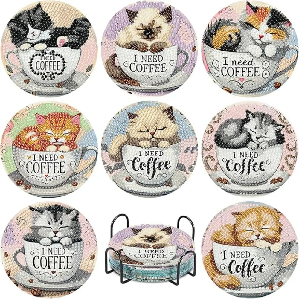 8 Pieces of Diamond Art Painting Coasters with Brackets, DIY Cat Patterned Diamond Art Coasters, Suitable for Both Adults and Be
