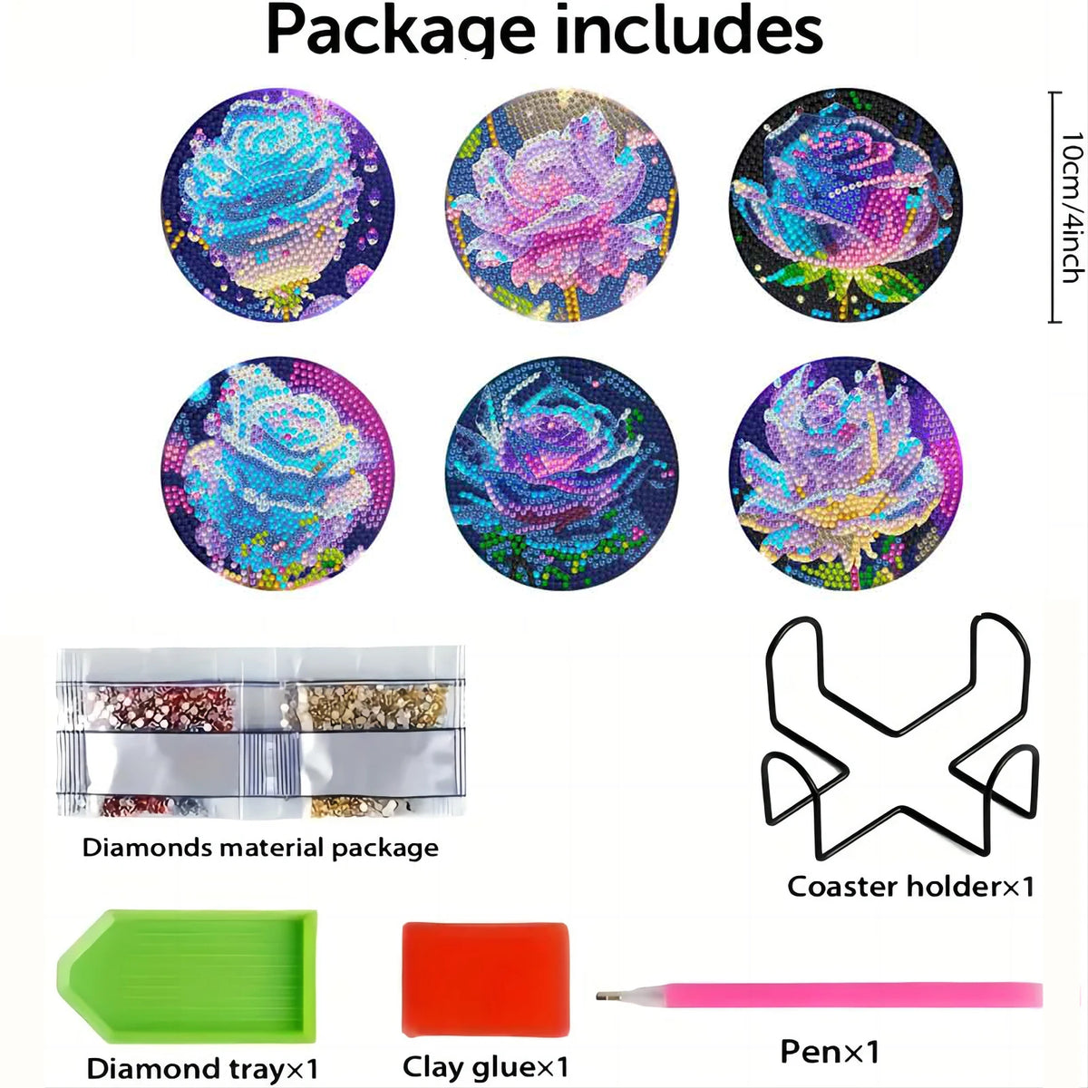 6 Pieces/Set of Flower Patterned Diamond Painted Wooden Coasters, DIY Creative Diamond Painted Coasters, Holiday Gifts