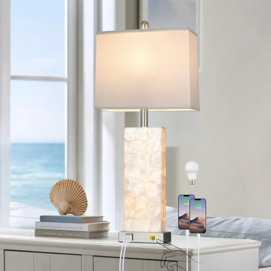28" Coastal Table Lamps for Living Room, Bedside Lamps with Night Light, USB A+C Ports, Modern Sea Shell Bedside Night Stands L