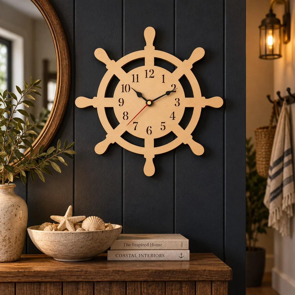 Wooden Ship Wheel Wall Clock, Wooden Clock, Maritime Beach House Wall Art, Rustic Sailing Decor, Seaside Living Room Clock