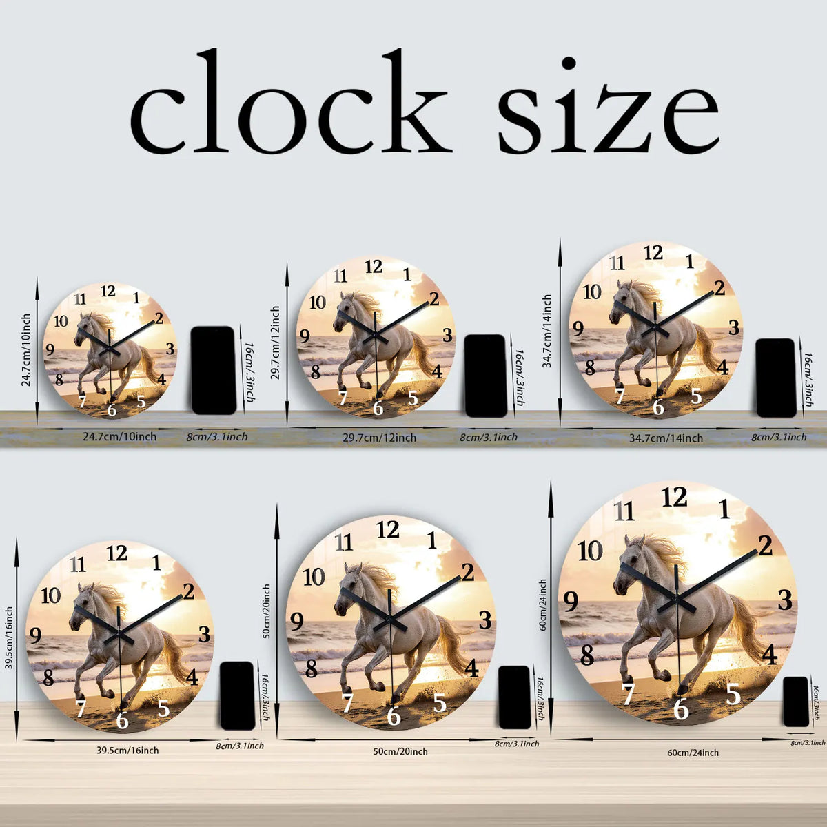 Wooden Wall Clock with Galloping Horse and Sunset Beach Pattern, 10-24inch Silent Wall Clocks, Aa Battery Powered, Suitable for Living Room, Bedroom, Office, (Batteries Not Included), Mother's Day, Easter, April Fool's Day