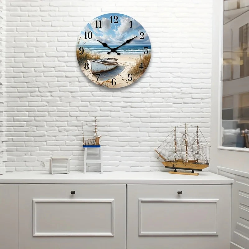 1pc Silent Non-Ticking Wall Clock - Wooden Round Nautical Beach Scene with Boat Design, Face for Readability, Suitable for Kitchen,,, Bedroom - 25.4cm/30.48cm/35.56cm/40.64cm (No Battery)
