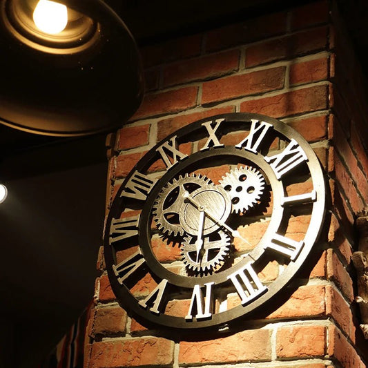 Vintage Gear Wall Clock Industrial Style Wood & Metal Wall Timepiece American Rustic Decor for Bar or Cafe Wall Use - Unique Finds Market LLC