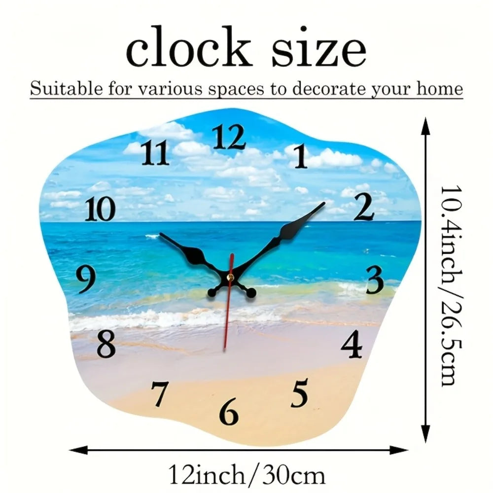 One Pack, Irregular Shaped Silent Wall Clock with Seaside Blue Sky and White Clouds Pattern, Suitable for Home Bedroom Gift Deco
