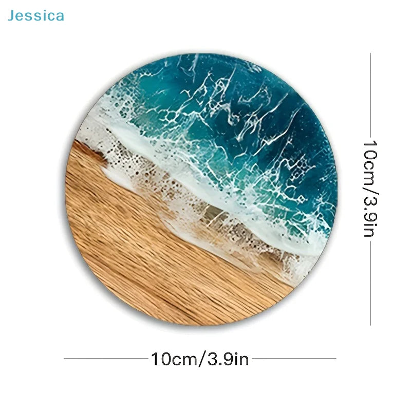 ♥Ocean Wave & Wood Grain Coasters Set  Heat-Resistant Drink Coasters for Coffee/Tea Mugs, Beach Theme Home Decor