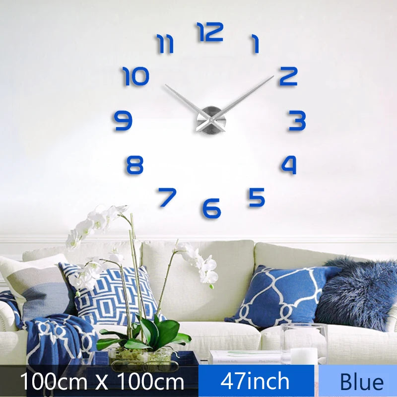 Fashion 3D Mediterranean Style Big Size Blue Wall Clock Mirror Sticker DIY Brief Living Room Decor Meeting Room Wall Clock