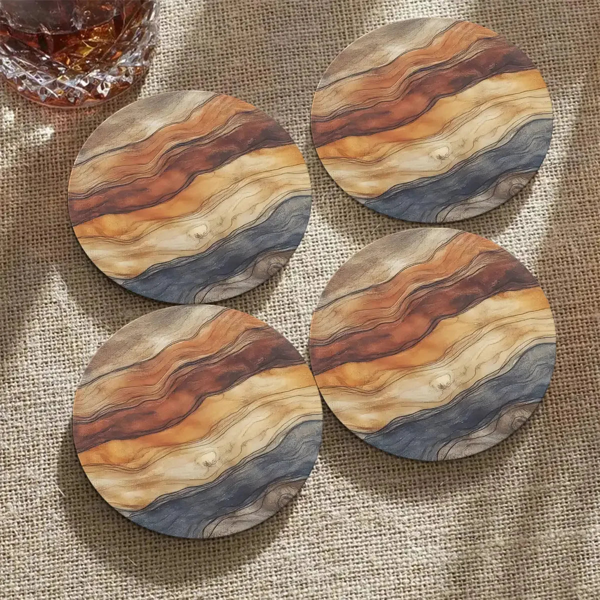 4in Exquisite Marble-Patterned Wooden Decorative Cup 2D Flat Coasters Heat-Resistant Anti-Slip Wood Grain Tabletop Protection