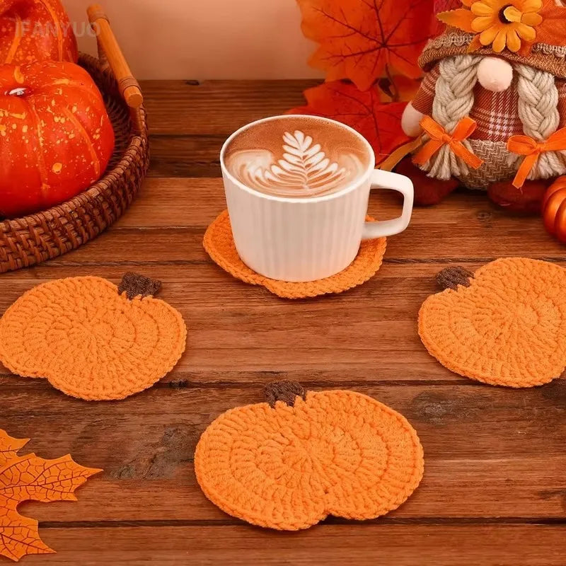 Halloween Crochet Pumpkin Coasters Autumn Thanksgiving Fabric Handmade Cup Mat Halloween Table Decor Fall Farmhouse Decoration