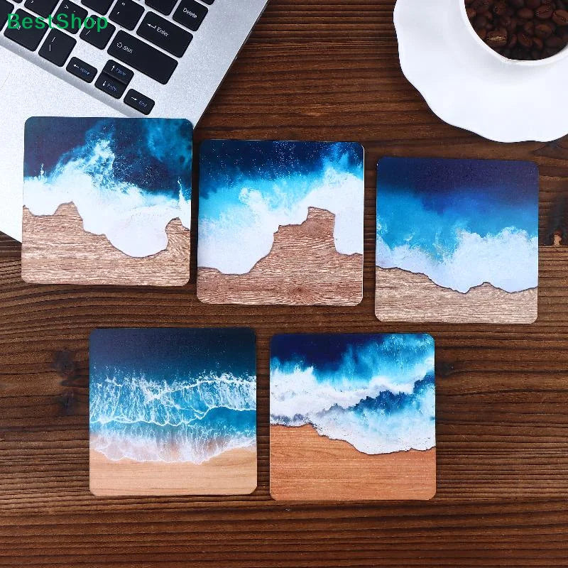 ♥5-Pack Ocean Wave Resin Coasters - Beach Themed Wooden Base Drink Coasters for Home & Office
