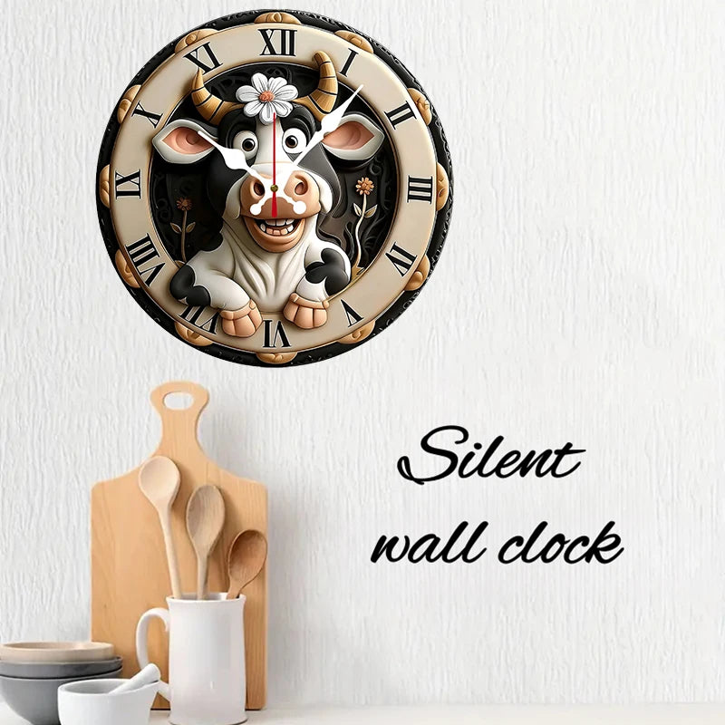 Cow Pattern Wooden Round Silent Hanging Wall Clock, Suitable For Living Room, Office, Study Room, Bedroom, Home Decoration