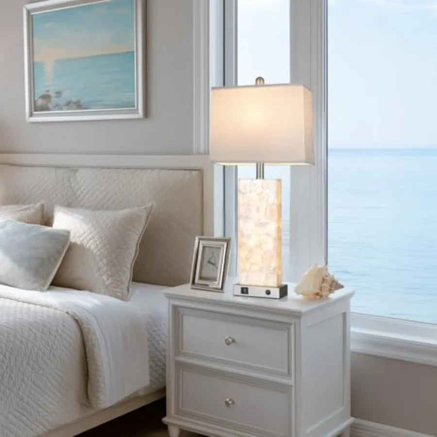 28" Coastal Table Lamps for Living Room, Bedside Lamps with Night Light, USB A+C Ports, Modern Sea Shell Bedside Night Stands L