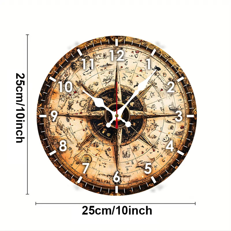 Ocean Themed Compass Wooden Round Silent Hanging Wall Clock,Suitable For Living Room,Office,Study Room, Bedroom, Home Decoration