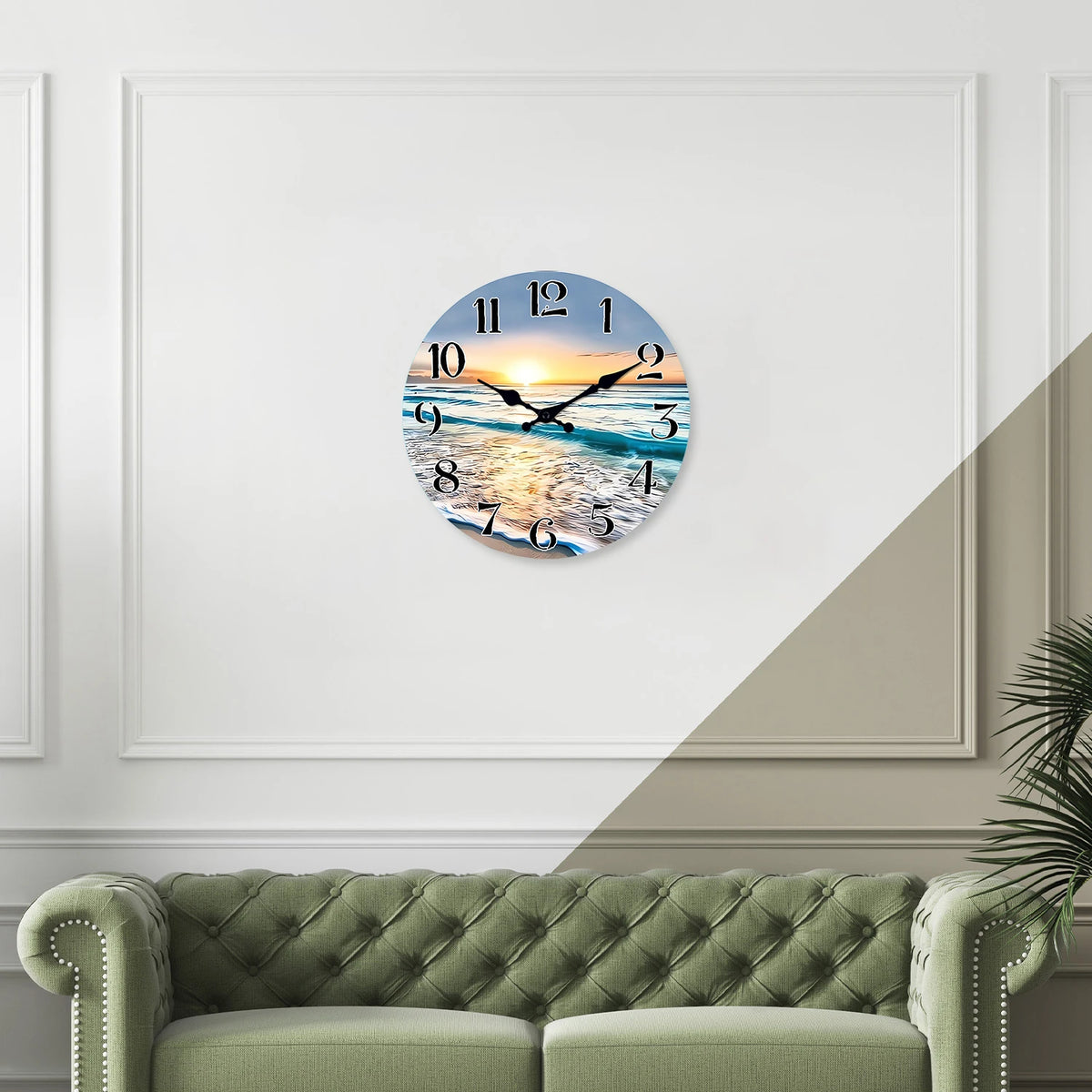Modern Seaside Sunset Pattern Wooden Wall Clock Living Room Bedroom Kitchen Home Decoration Wall Clock Silent Quartz Clock Holiday Gift 10 Inches 12 Inches 14inch 16inch (No Battery)