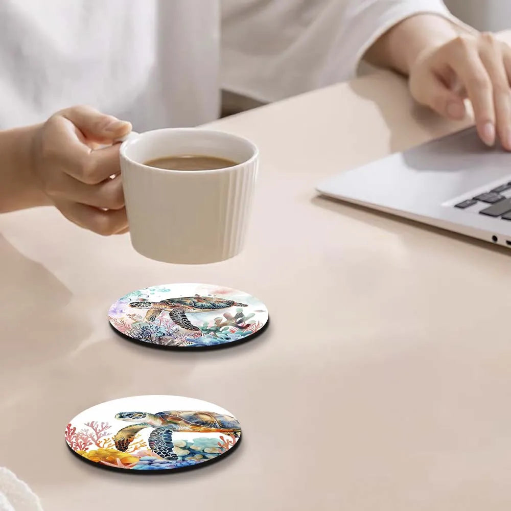 4in Sea Turtle Theme Beautiful Coral Patterns Wooden Coaster Set 6pcs  Deep Sea Turtle Coffee Family Parties Coffee Shops Gifts