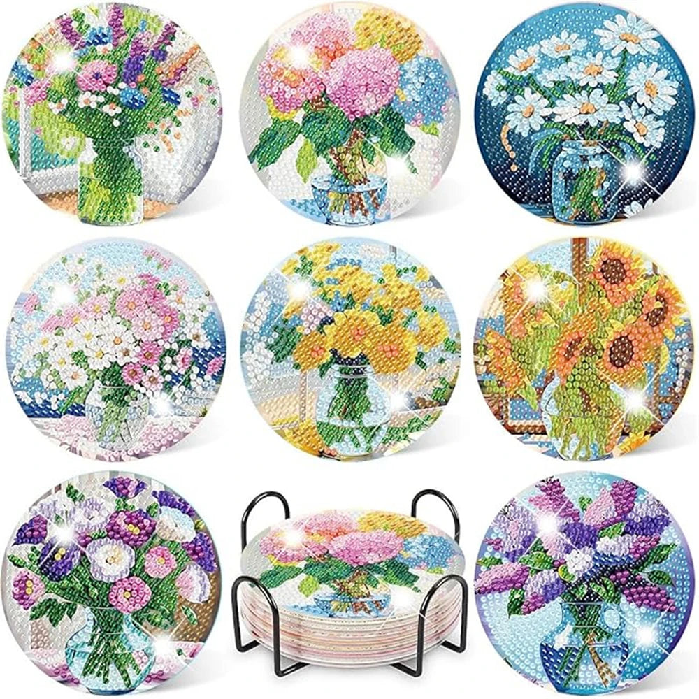 8 Pieces of Diamond Art Painting Coasters with Brackets, DIY Cat Patterned Diamond Art Coasters, Suitable for Both Adults and Be