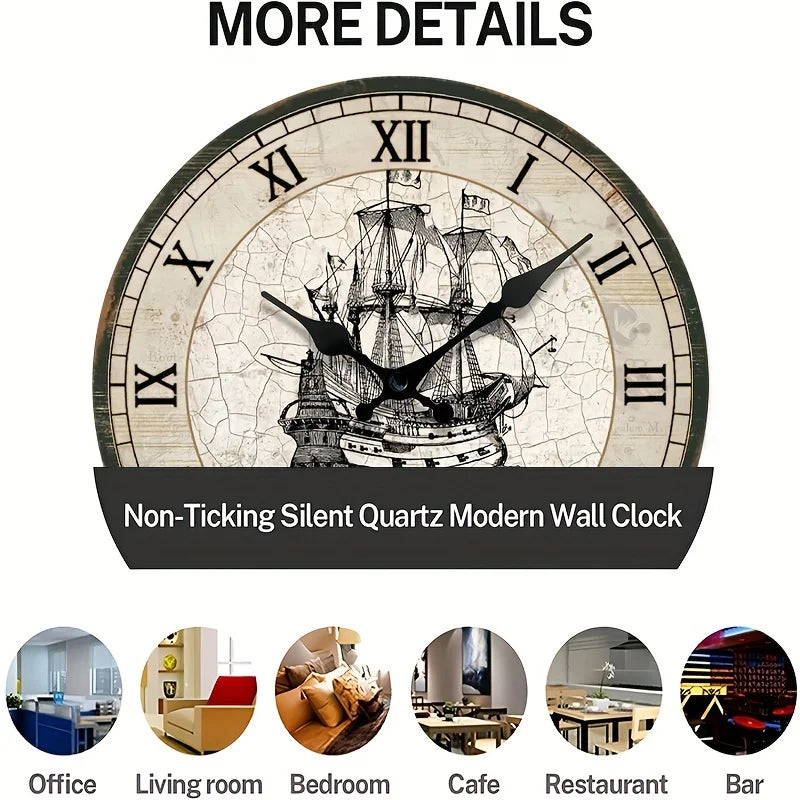 A Retro-Style Sailing Ship Decorative Silent Wall Clock, AA Battery (Battery Not Included)