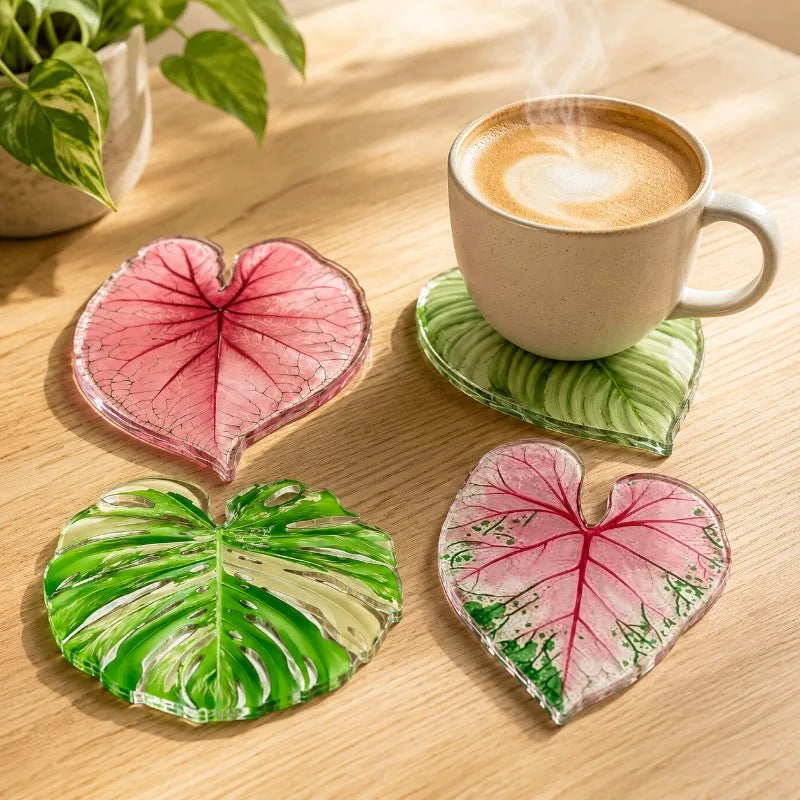 4-Piece Set of Acrylic Tropical Plant Leaf Coasters, New Style Coasters, Heat-Insulating Coaster Set, Protects Tabletops from Hot Drinks, Cups, and Plates - Eco-Friendly, Suitable for Offices, Restaurants, Cafes, Hallo