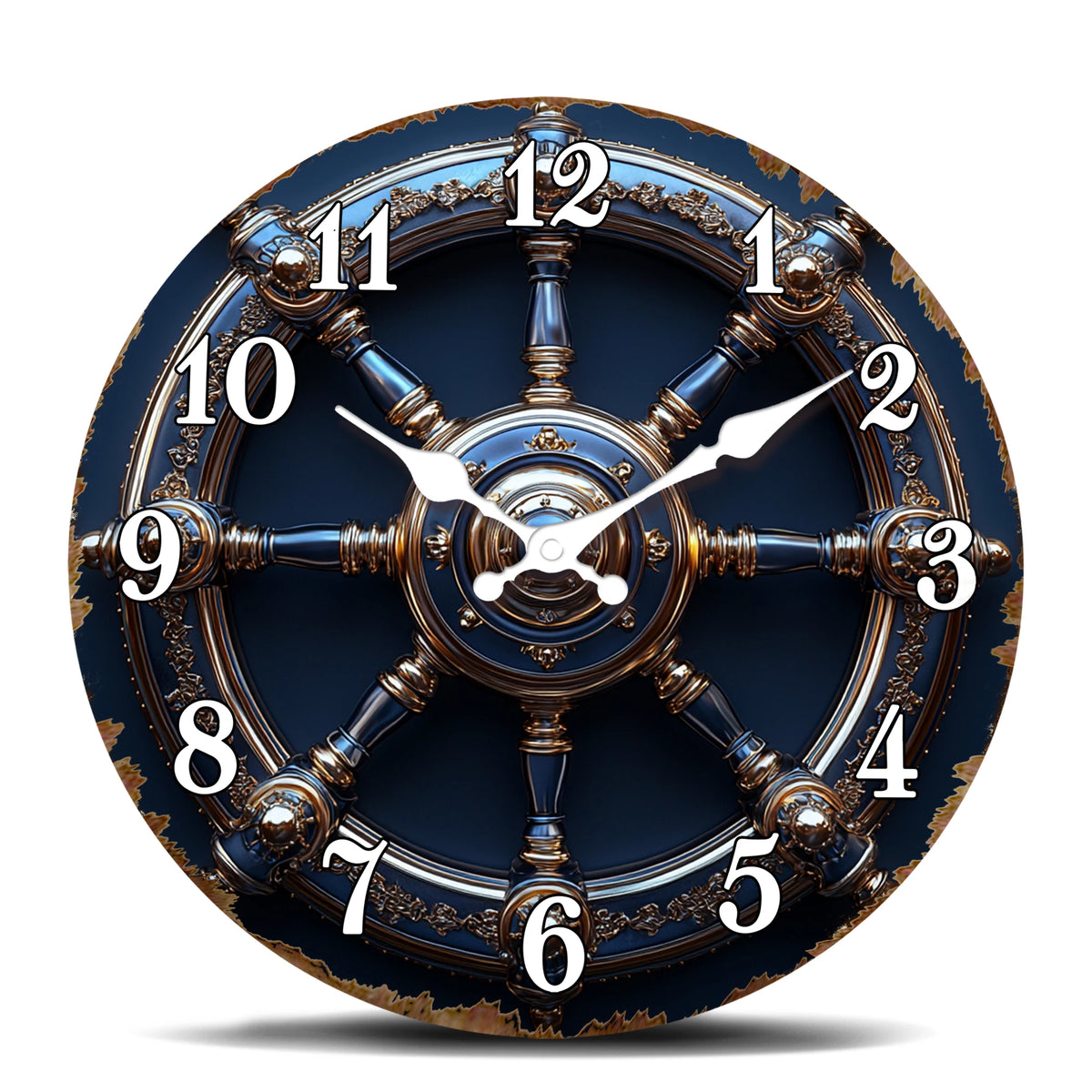 Nautical Ship Steering Wheel Design Round Wall Clock, Marine Theme Decorative Clock with Gold and Blue Accents, Vintage Style Wa