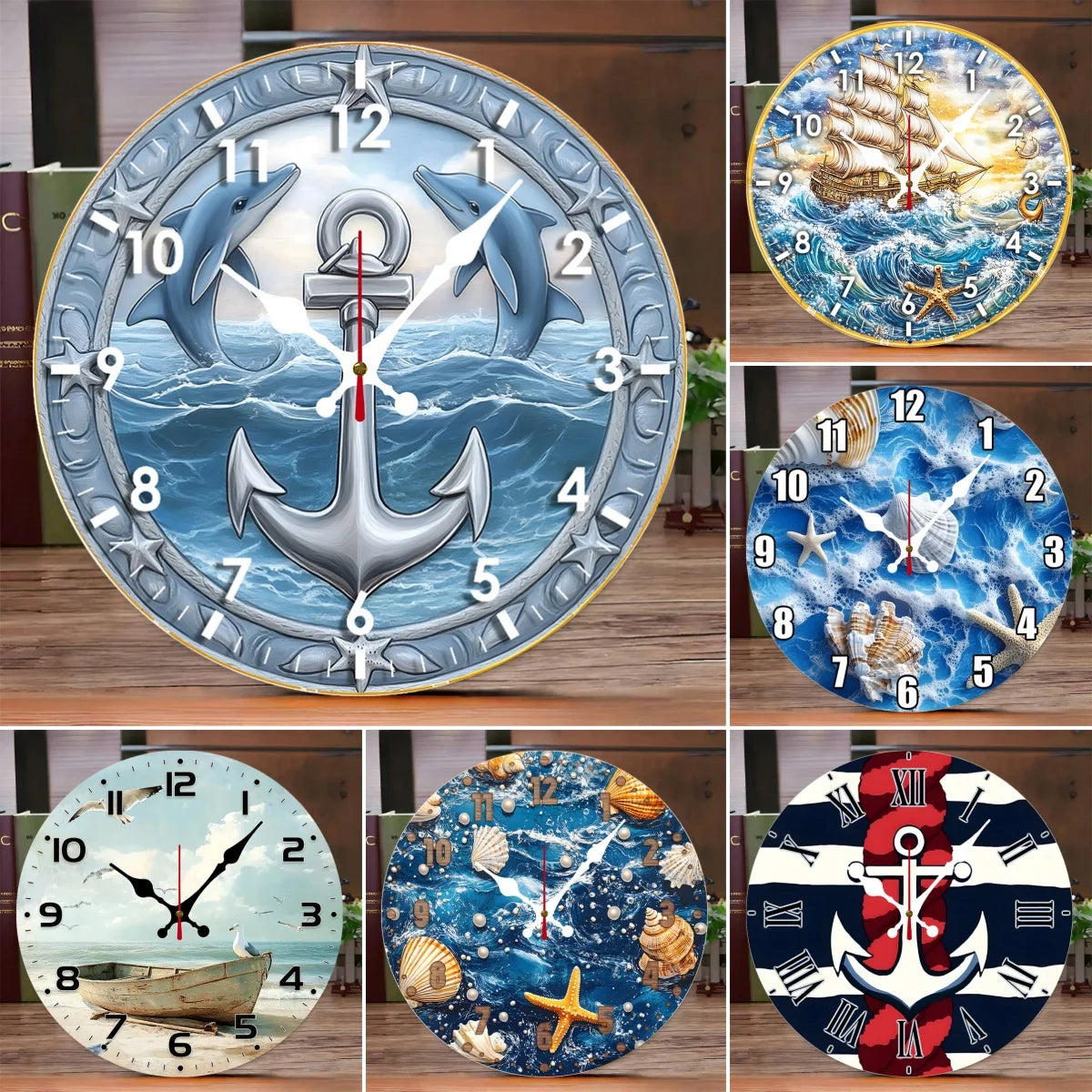 Dolphin Anchor Wooden Round Silent Hanging Wall Clock, Suitable For Living Room, Office, Study Room, Bedroom, Home Decoration