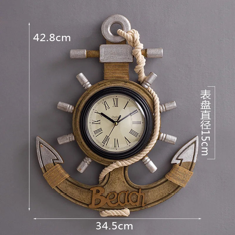 Mediterranean Style Wall Clock Retro Fiberboard Silent Anchor Wall Hanging Clock Watch Coffee Bar Home Clock Decoration