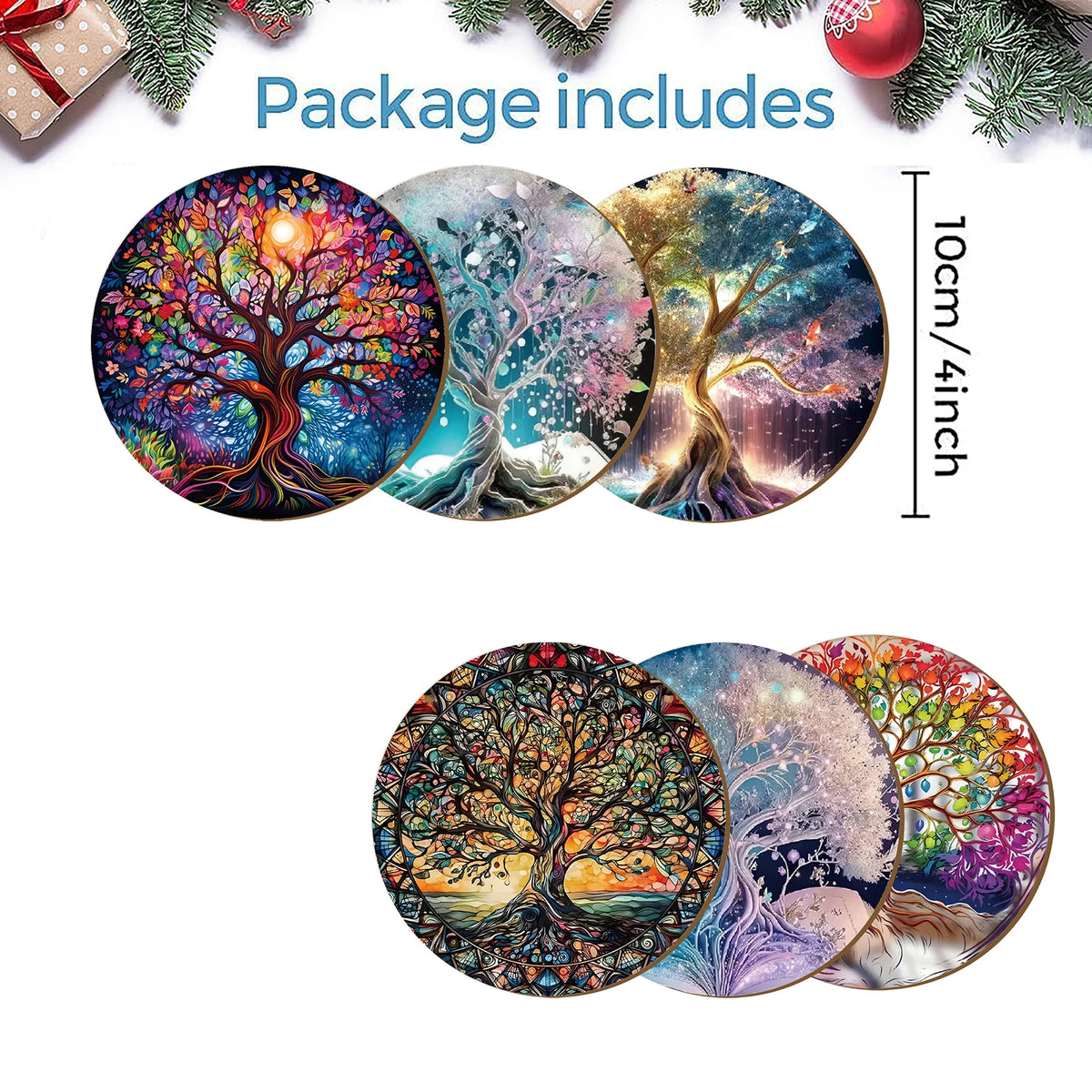6 Sets of Artistic Painted Wooden Anti-Slip Coasters with Iridescent Tree Patterns, Suitable for Kitchen Decoration