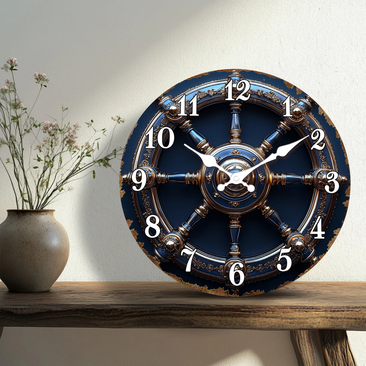 Nautical Ship Steering Wheel Design Round Wall Clock, Marine Theme Decorative Clock with Gold and Blue Accents, Vintage Style Wa